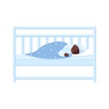 A little sweet African baby sleeps in his crib under a blanket. Icon. Flat style illustration on a white background Royalty Free Stock Photo