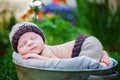 Little sweet newborn baby boy, sleeping in crate with knitted pa Royalty Free Stock Photo