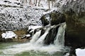 Mullerthal, Luxembourg - January 2024 - Schiessentumpel Waterfall under snow Royalty Free Stock Photo