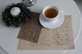 On little tables. The cup of tea costs . Royalty Free Stock Photo