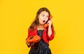 Little talker. Retro style. Communication concept. Shopping online. Retro girl speak phone. Kid talking vintage phone