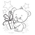 Little teddy bear holds in its paws a big box with a ribbon to give it to someone, anything, outline drawing,