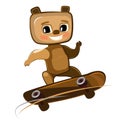 Little Teddy Bear on skateboard. Cartoon style. Childrens urban sports. Cute baby skater rides on board. Skate for