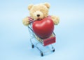 Little teddy bear , a valentine`s gift for lover isolated on light blue background Royalty Free Stock Photo