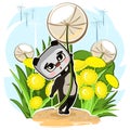 Little Teddy Panda Bear Flies On Dandelion. Funny Comic Baby Animal. Summer Meadow With Flowers. Cute Cartoon Style