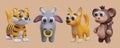 Little tiger, bull, dog, monkey. Realistic vector images. Wild and domestic animals