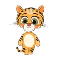 Little tiger cub. Isolated object on white background. Cheerful kind animal child. Cartoons flat style. Funny. Vector