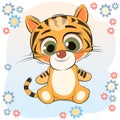 Little tiger cub. Isolated object on white background. Cheerful kind animal child. Cartoons flat style. Funny. Vector