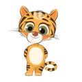 Little tiger cub. Isolated object on white background. Cheerful kind animal child. Cartoons flat style. Funny. Vector