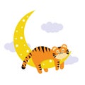little tiger cub sleeping on the moon, color isolated vector illustration in cartoon style Royalty Free Stock Photo