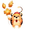 Little tiger gives shiny golden balls in the form of leaves. Cartoon tiger with red traditional Chinese hat. Character