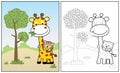 Little tiger ride on giraffe, vector cartoon, coloring page or book Royalty Free Stock Photo