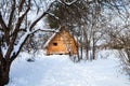 Little timber cottage in snow-covered garden