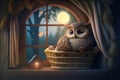 Little tired owl lies bed in tree house and sleeps