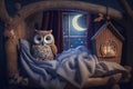 Little tired owl lies bed in tree house and sleeps