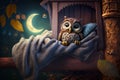 Little tired owl lies bed in tree house and sleeps