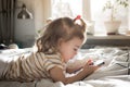 Little toddle girl playing with smartphone laying on the bed at home. Caucasian toddler girl.