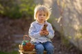 Little toddler boy, eating chocolate bunny in garden on sunset, easter eggs Royalty Free Stock Photo