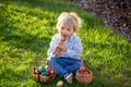 Little toddler boy, eating chocolate bunny in garden on sunset, easter eggs Royalty Free Stock Photo