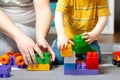 Little toddler boy playing constructor with dad. Spending time with children. Royalty Free Stock Photo