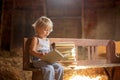 Little toddler boy, sitting on old vintage bench, holding books in attic Royalty Free Stock Photo