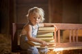 Little toddler boy, sitting on old vintage bench, holding books in attic Royalty Free Stock Photo