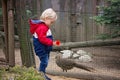 Little toddler boy, standing in a zoo in front of a cage with pheasants, hodling puppy