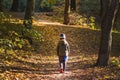 Little toddler boy walking alone through autumn forest. Path in life. Bullying in school concept. Scare and fright. Back Royalty Free Stock Photo