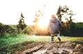 A little toddler boy walking outdoors in nature at sunset. Rear view.