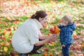 Little toddler boy and young mother in the autumn park Royalty Free Stock Photo