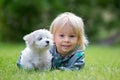 Little toddler child, blond boy, playing with little maltese puppy dog in garden