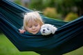 Little toddler child, blond boy, playing with little maltese puppy dog in swing Royalty Free Stock Photo