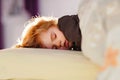 Little toddler child resting on say in parents bed. Adorable kid boy sleeping and dreaming. Peaceful and relaxed rest Royalty Free Stock Photo