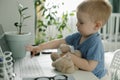 Little toddler cute boy using laptop pc in bedroom at home. Home family lifestyle Royalty Free Stock Photo