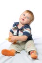 Little toddler drinks water from bottle