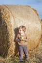 Little toddler eating apple with a big hay bale on field Royalty Free Stock Photo