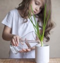 Little toddler girl is holding a transparent glass with water and watering young plant. Caring for a new life. The child`s hands Royalty Free Stock Photo