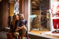 Little toddler girl with mother on Christmas market. Royalty Free Stock Photo