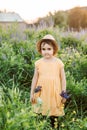 Little toddler girl in a yellow dress walking and picking flowers on a meadow field. Royalty Free Stock Photo