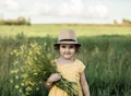 Little toddler girl in a yellow dress walking and picking yellow flowers on a meadow field Royalty Free Stock Photo