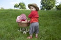 Little toddler playing with a pram outdoors Royalty Free Stock Photo