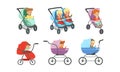 Little Toddlers Sitting in Baby Carriage or Pram Vector Set Royalty Free Stock Photo