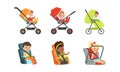 Little Toddlers Sitting in Baby Carriage or Pram Vector Set Royalty Free Stock Photo