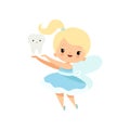 Little Tooth Fairy with Baby Tooth, Cute Blonde Fairy Girl Cartoon Character in Light Blue Dress with Wings Vector Royalty Free Stock Photo