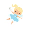 Little Tooth Fairy Flying with Baby Tooth, Adorable Blonde Fairy Girl Cartoon Character in Light Blue Dress with Wings
