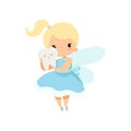 Little Tooth Fairy Holding Cute Baby Tooth, Lovely Blonde Fairy Girl Cartoon Character in Light Blue Dress with Wings