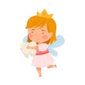 Little Tooth Fairy with Milk Baby Tooth and Crown Vector Illustration