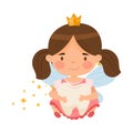 Little Tooth Fairy with Milk Baby Tooth and Crown Vector Illustration