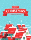 Vector postcard with little houses with red roofs on a snowy background and Christmas greeting text.