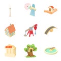 Little town icons set, cartoon style